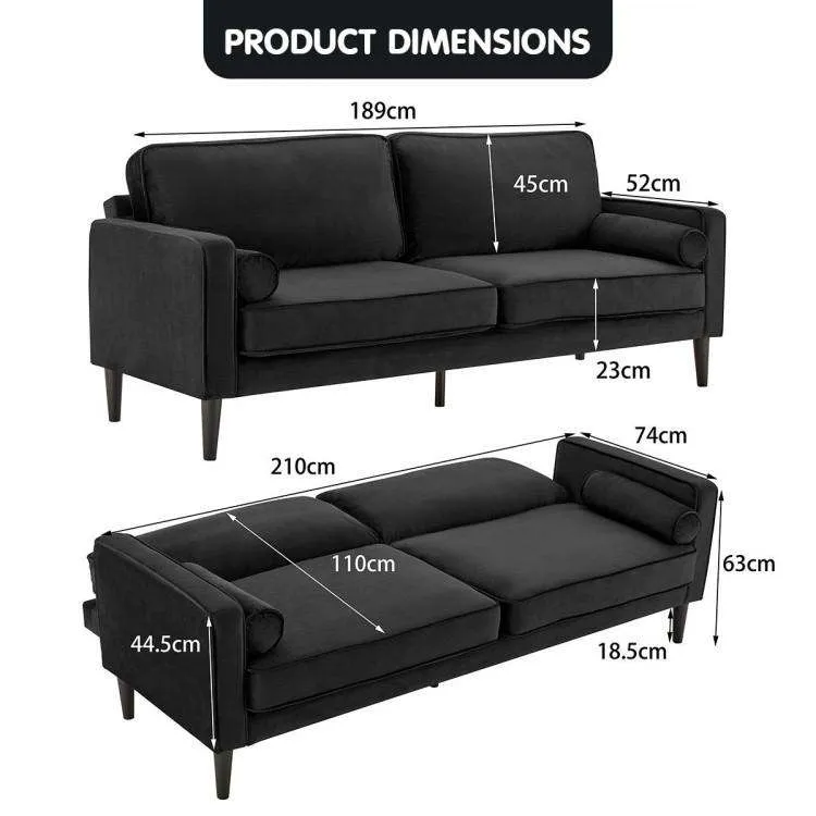 SARANTINO 3 SEATER FAUX VELVET SOFA BED COUCH FURNITURE LOUNGE - BLACK