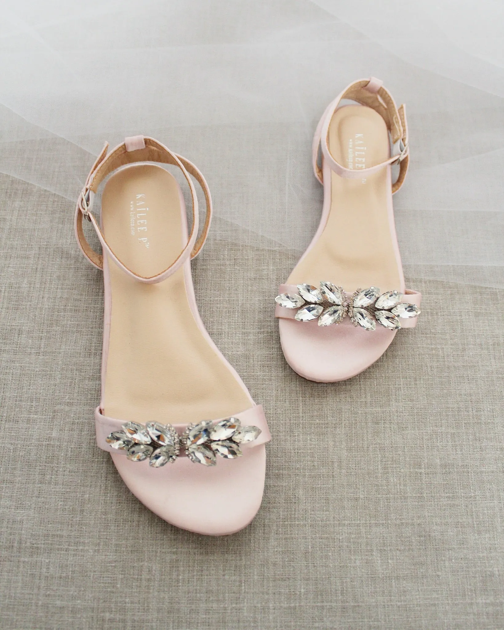 Satin Flat Sandal with Butterfly Brooch and Ankle Strap