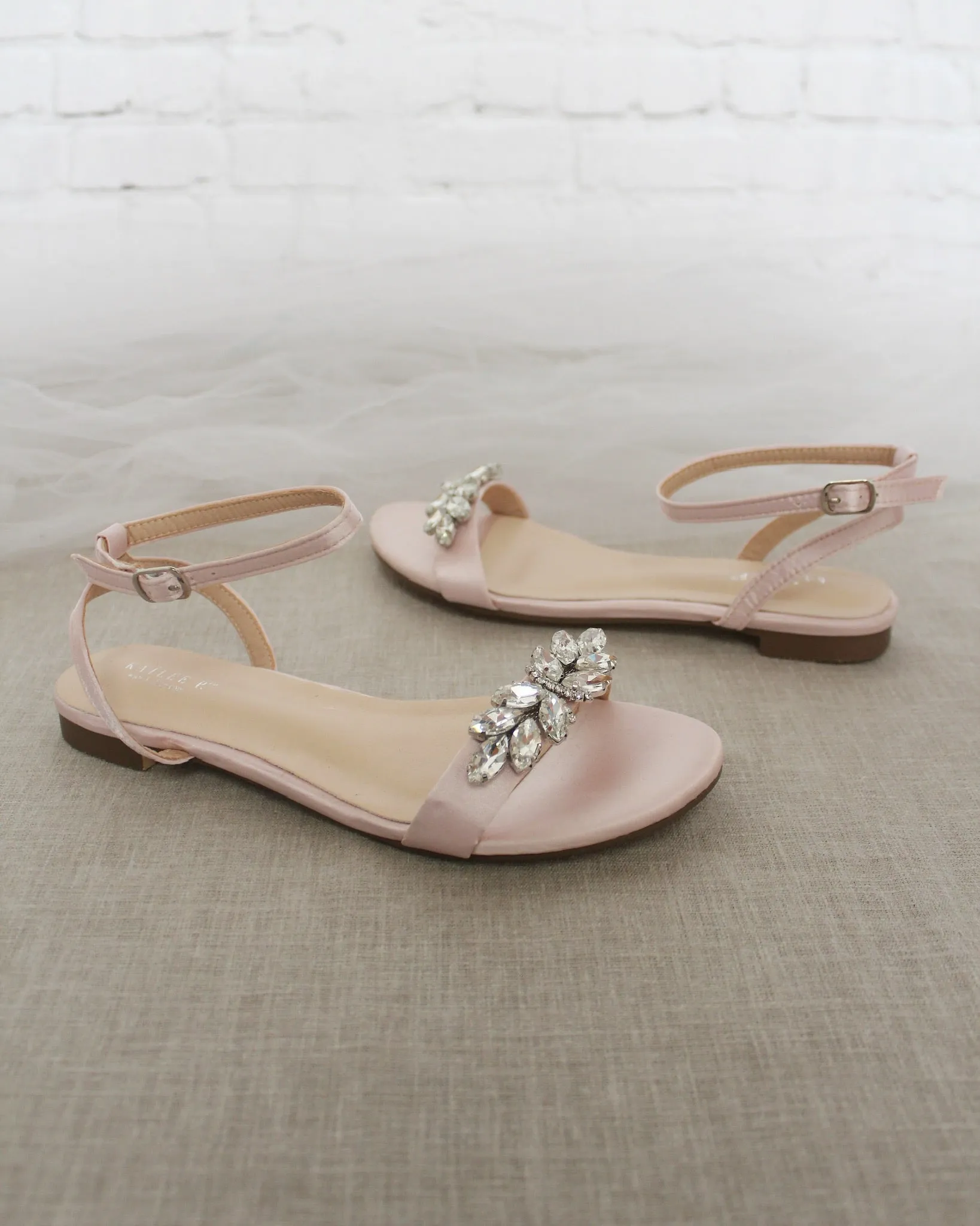 Satin Flat Sandal with Butterfly Brooch and Ankle Strap
