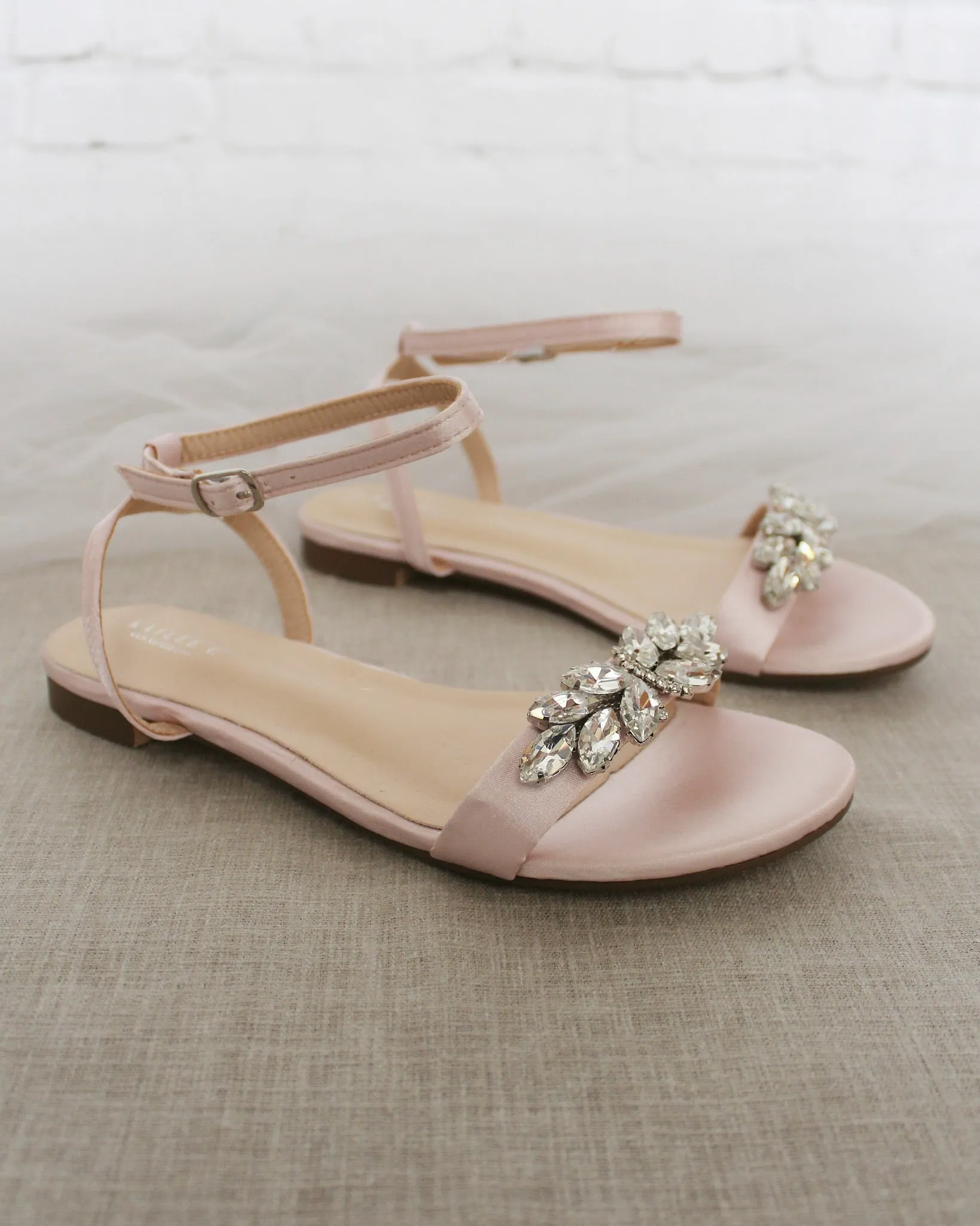 Satin Flat Sandal with Butterfly Brooch and Ankle Strap