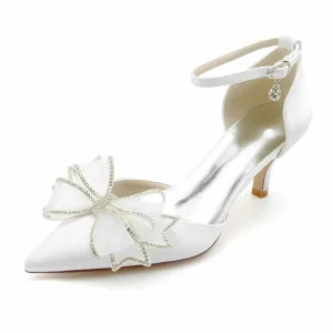 Satin Low Heeled Bridal Shoes Pointed Toe Wedding Heels Ankle Strap Party Heels