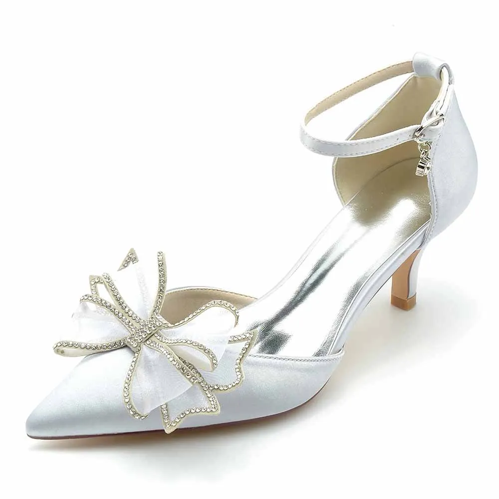 Satin Low Heeled Bridal Shoes Pointed Toe Wedding Heels Ankle Strap Party Heels