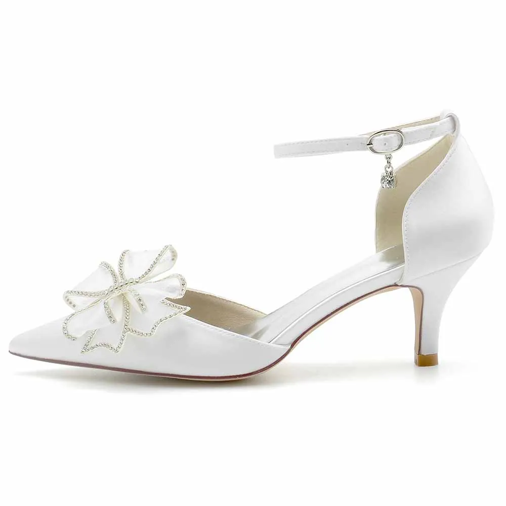 Satin Low Heeled Bridal Shoes Pointed Toe Wedding Heels Ankle Strap Party Heels