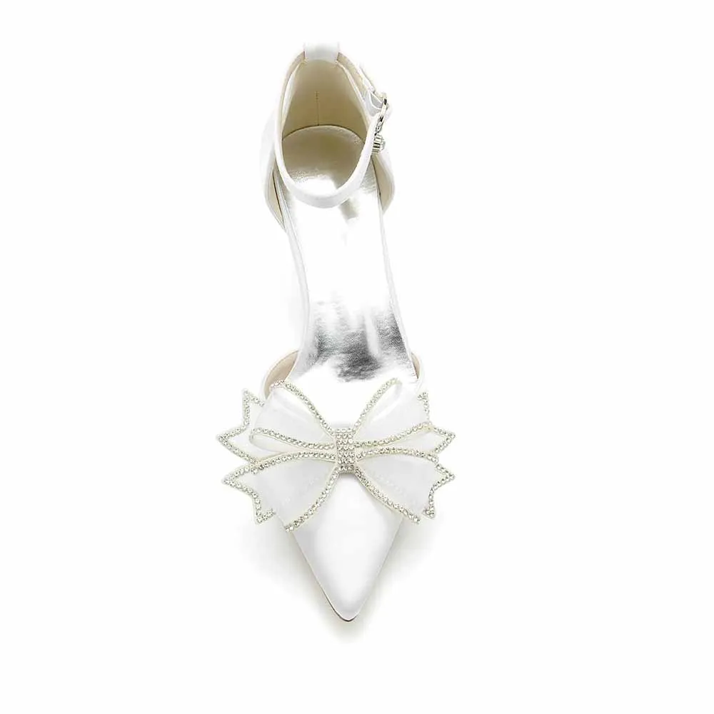 Satin Low Heeled Bridal Shoes Pointed Toe Wedding Heels Ankle Strap Party Heels