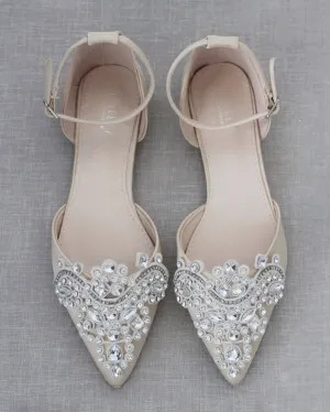 Satin Pointy Toe Flats with Oversized Rhinestones Applique Embellishments