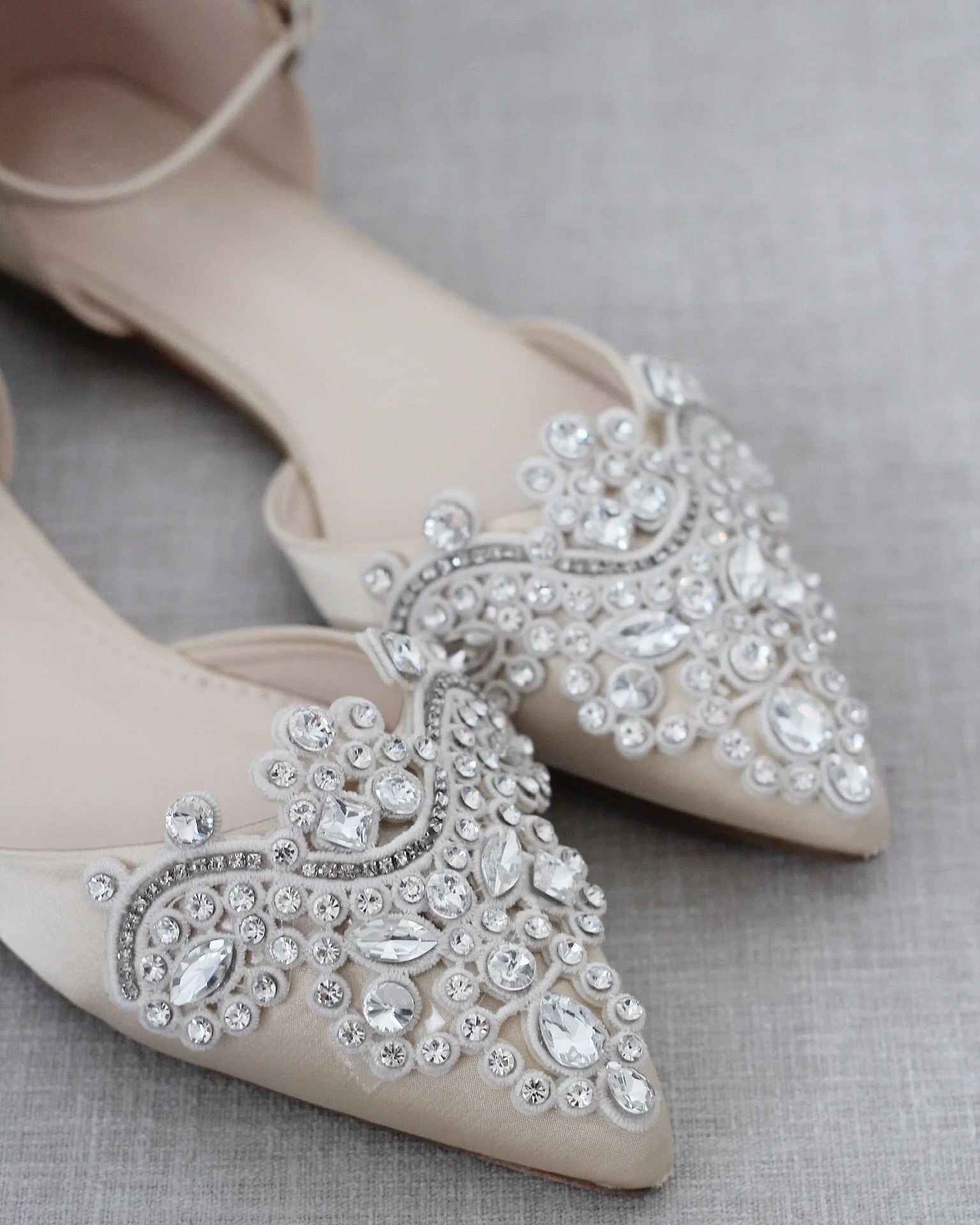 Satin Pointy Toe Flats with Oversized Rhinestones Applique Embellishments