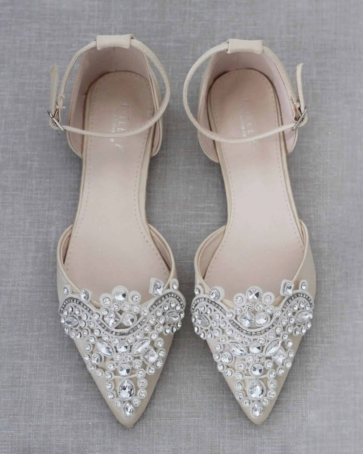 Satin Pointy Toe Flats with Oversized Rhinestones Applique Embellishments