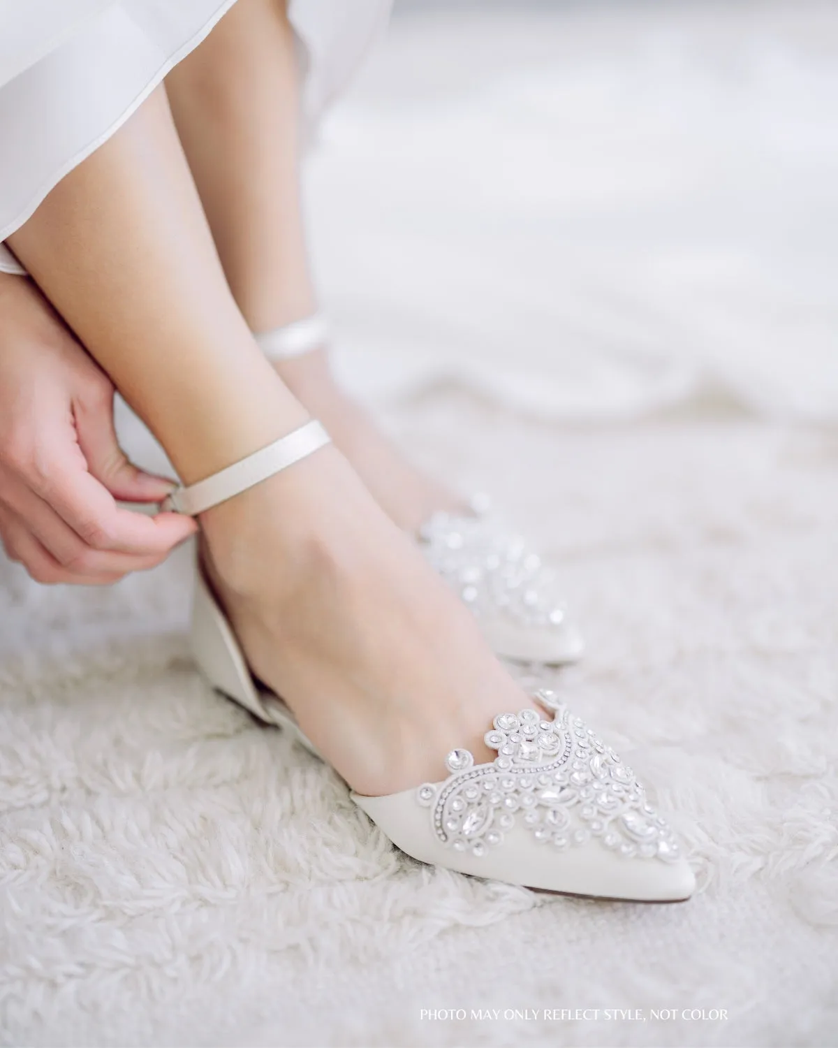 Satin Pointy Toe Flats with Oversized Rhinestones Applique Embellishments