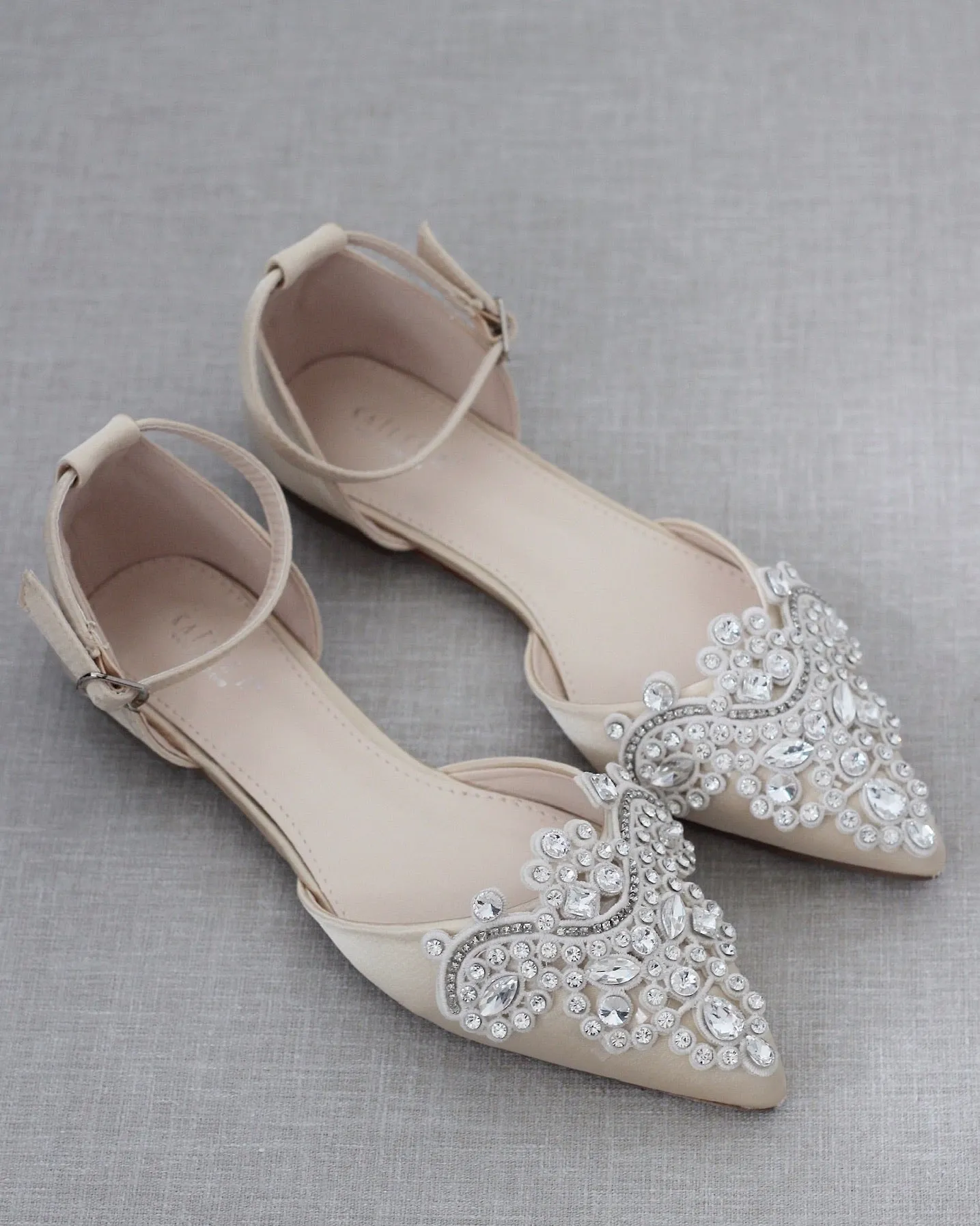 Satin Pointy Toe Flats with Oversized Rhinestones Applique Embellishments