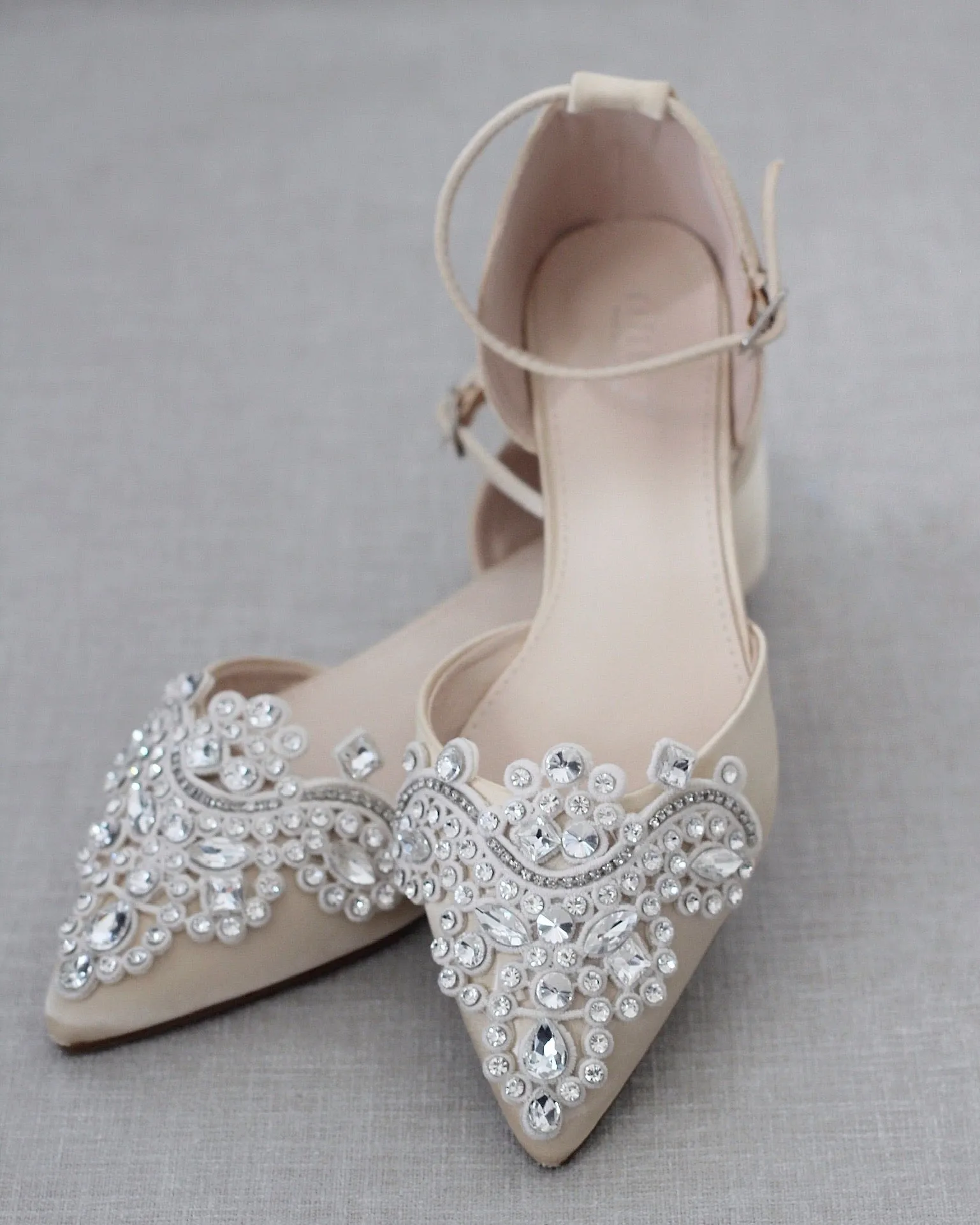 Satin Pointy Toe Flats with Oversized Rhinestones Applique Embellishments