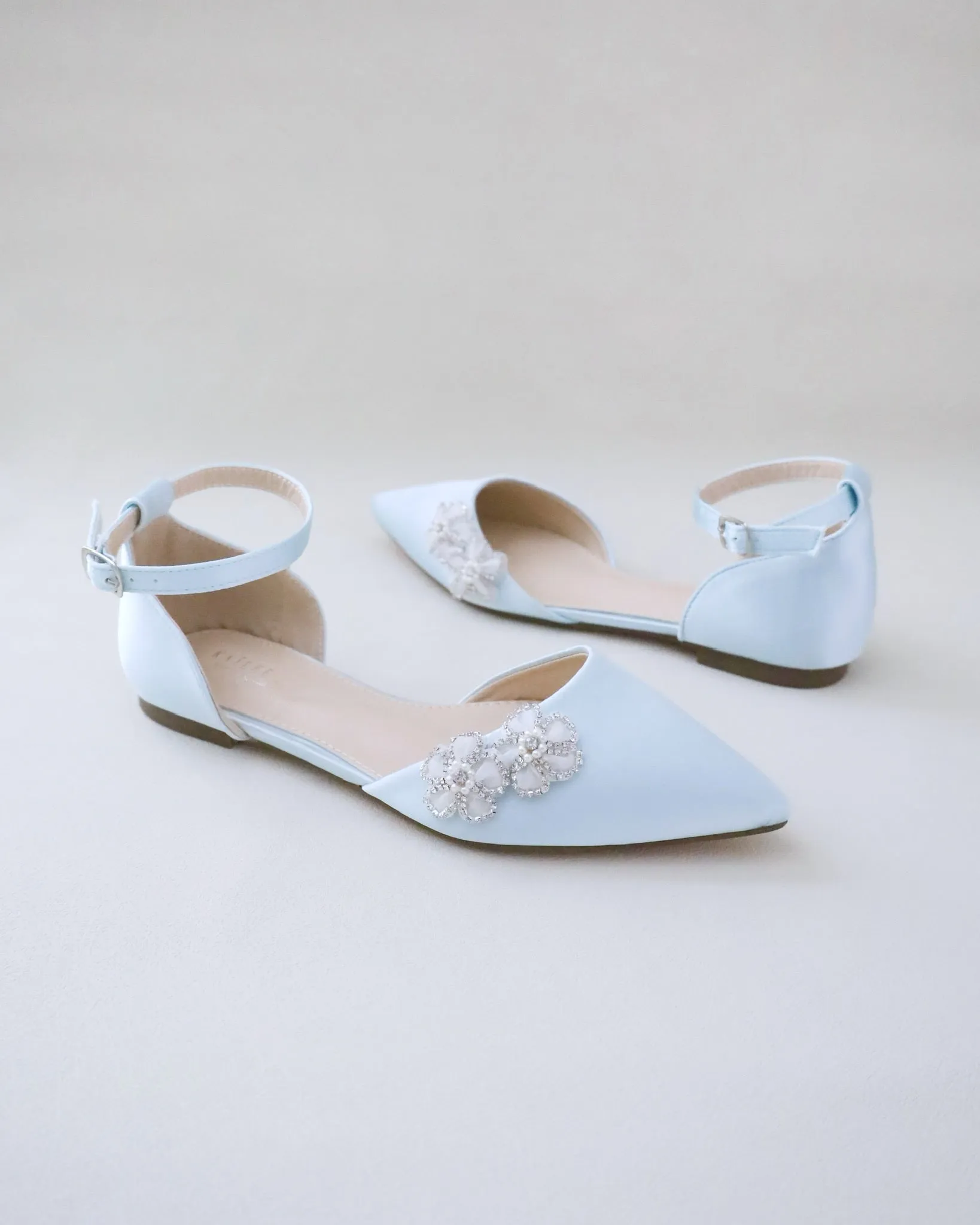 Satin Pointy Toe Wedding Flats with Rhinestones Chassia Flower