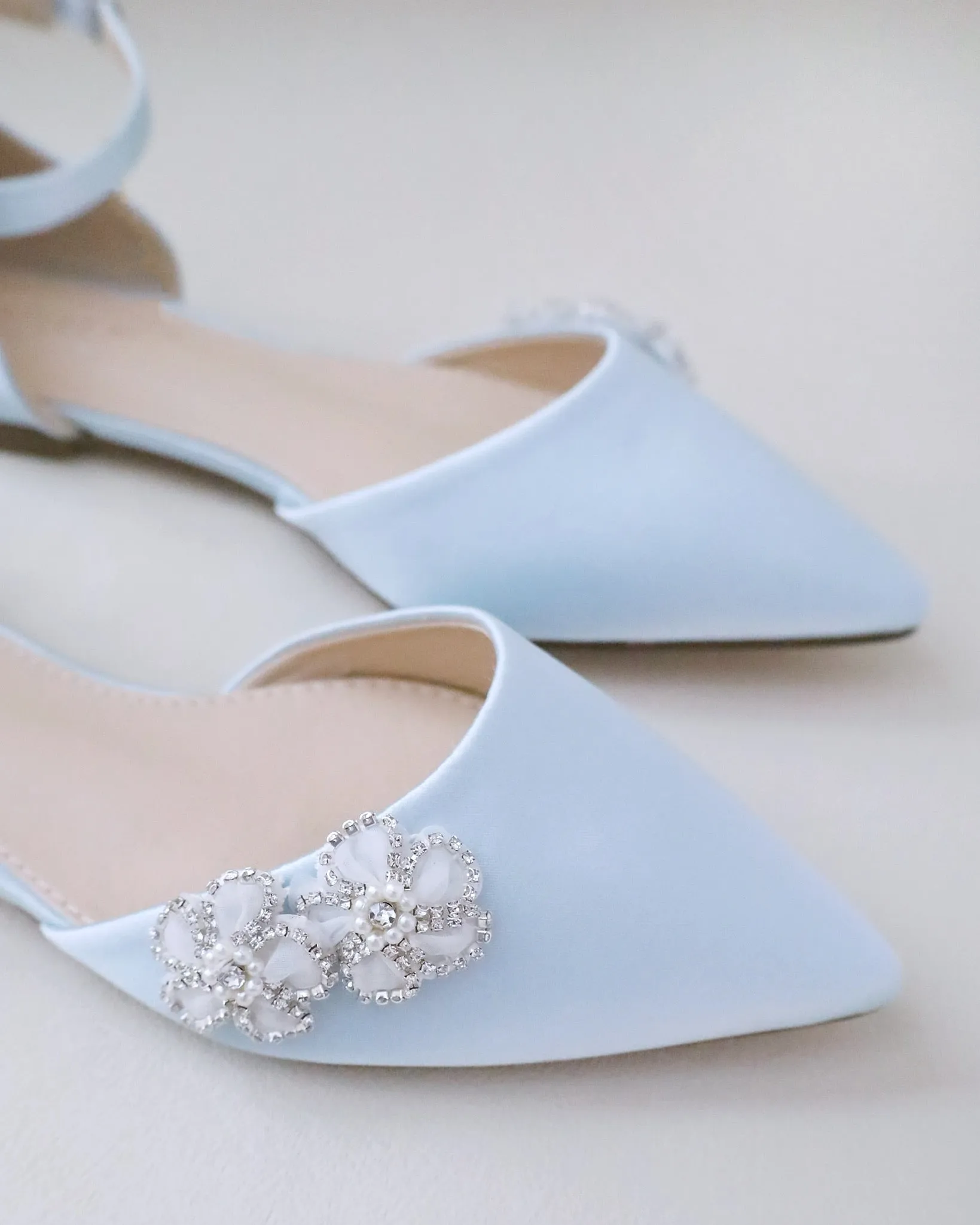 Satin Pointy Toe Wedding Flats with Rhinestones Chassia Flower