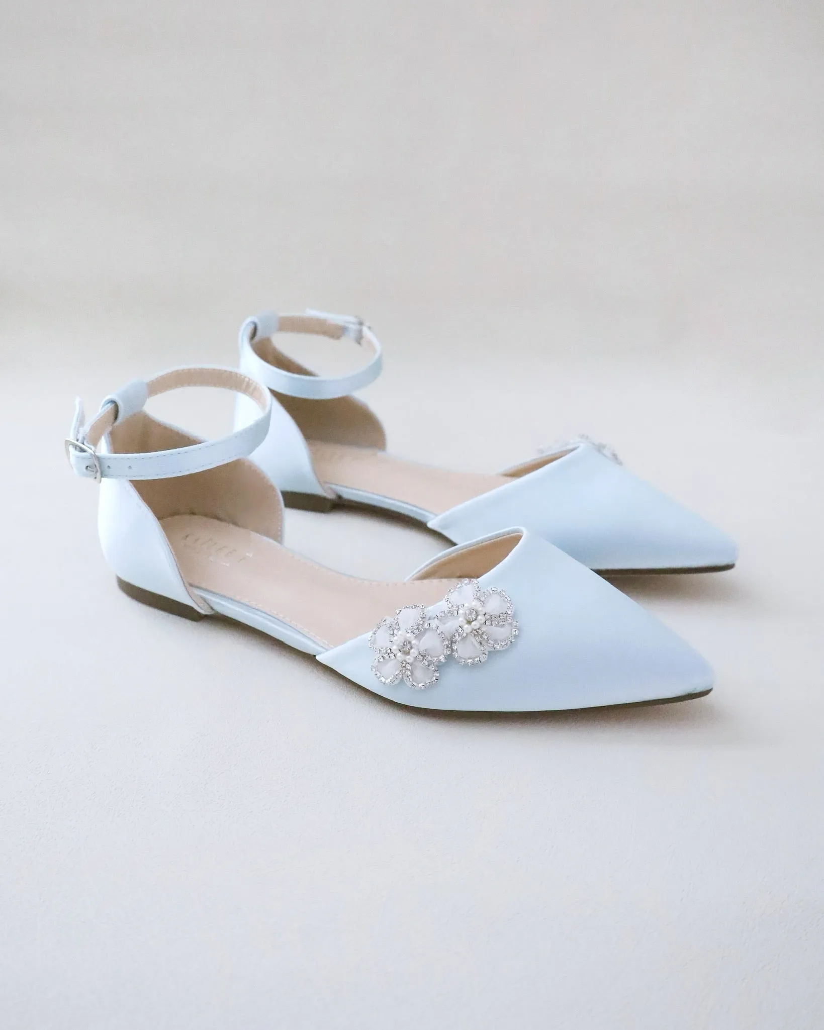 Satin Pointy Toe Wedding Flats with Rhinestones Chassia Flower