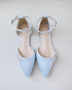 Satin Pointy Toe Wedding Flats with Rhinestones Chassia Flower