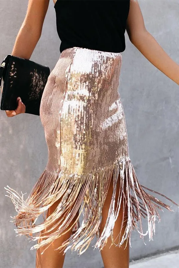 Sequined High Waist Fringed Skirt