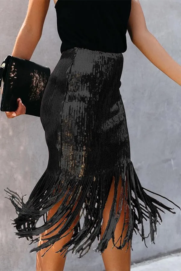 Sequined High Waist Fringed Skirt
