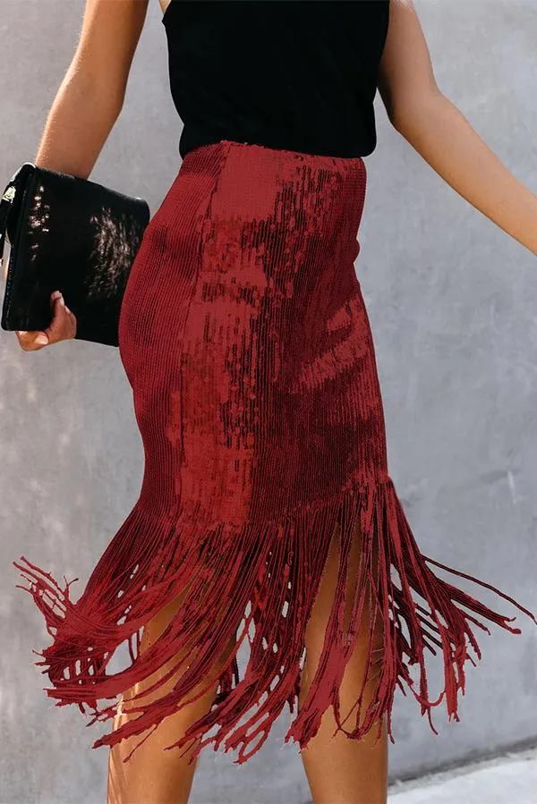 Sequined High Waist Fringed Skirt