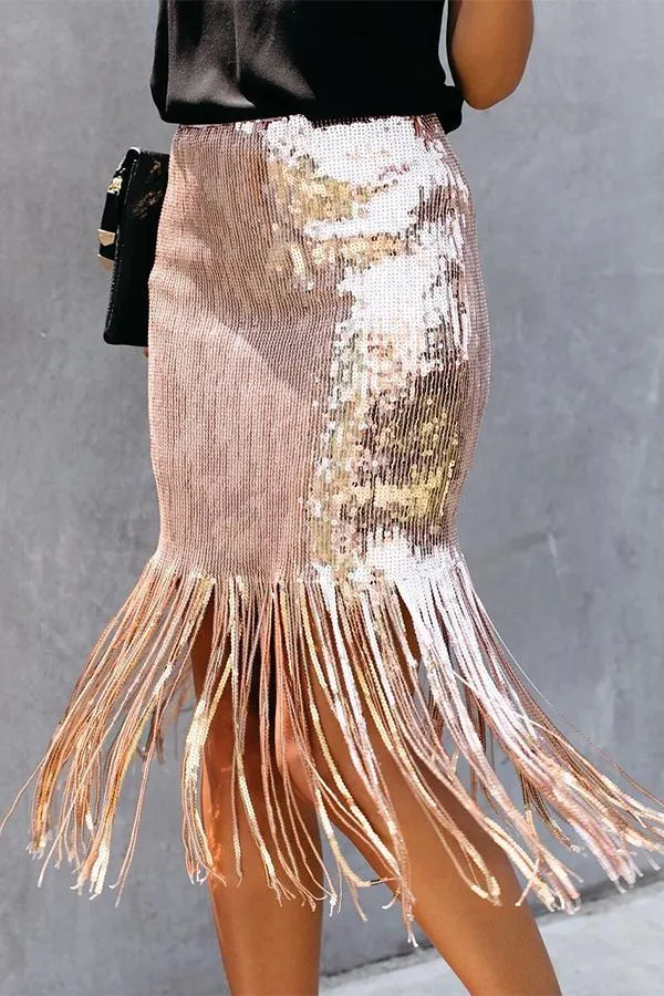 Sequined High Waist Fringed Skirt