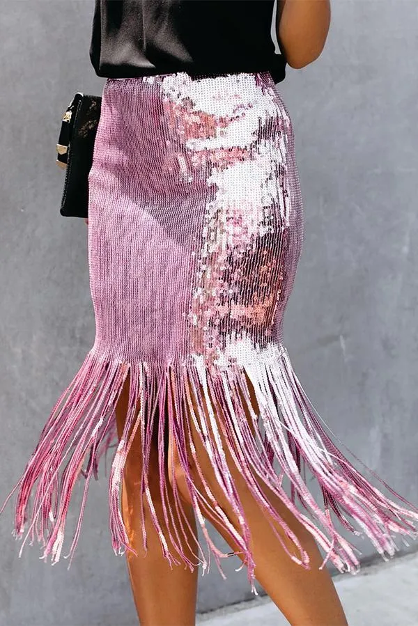 Sequined High Waist Fringed Skirt