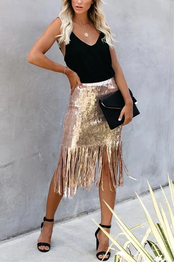 Sequined High Waist Fringed Skirt