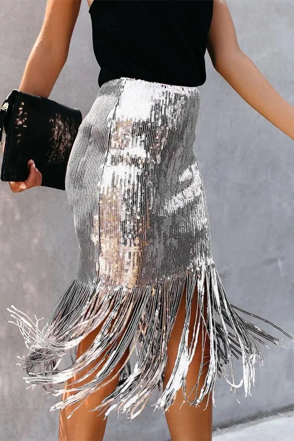 Sequined High Waist Fringed Skirt
