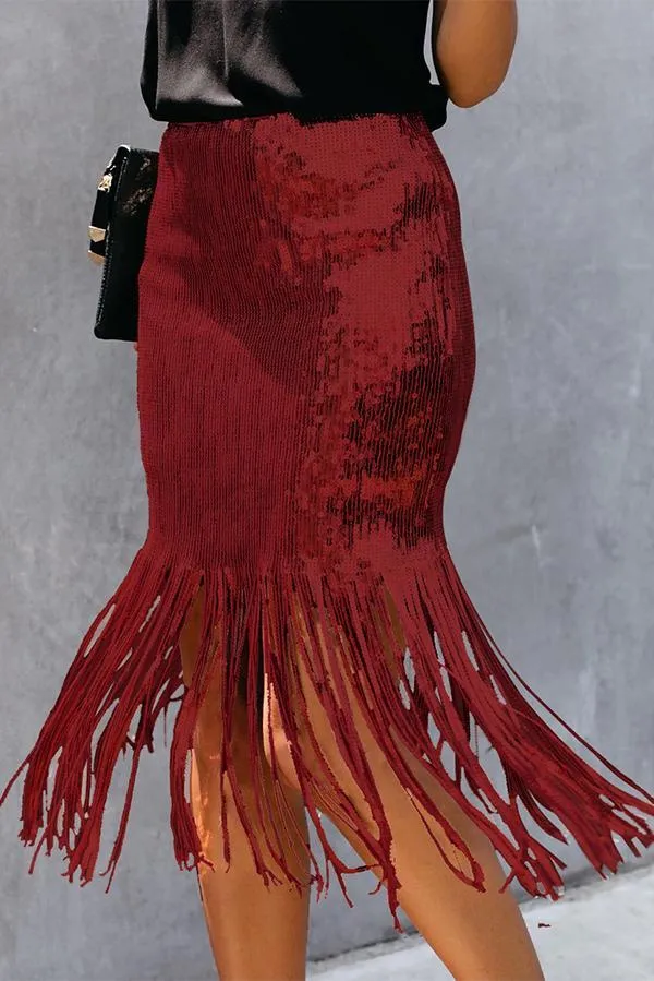 Sequined High Waist Fringed Skirt