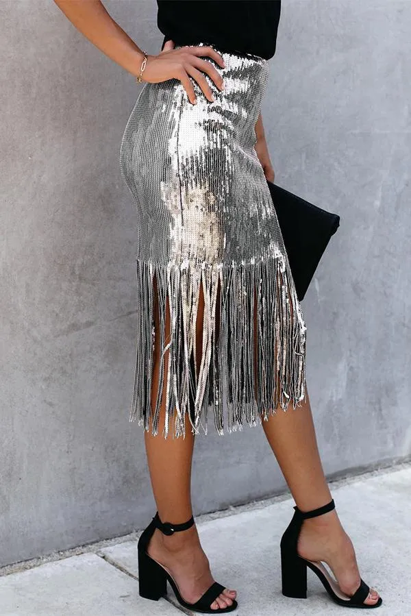 Sequined High Waist Fringed Skirt
