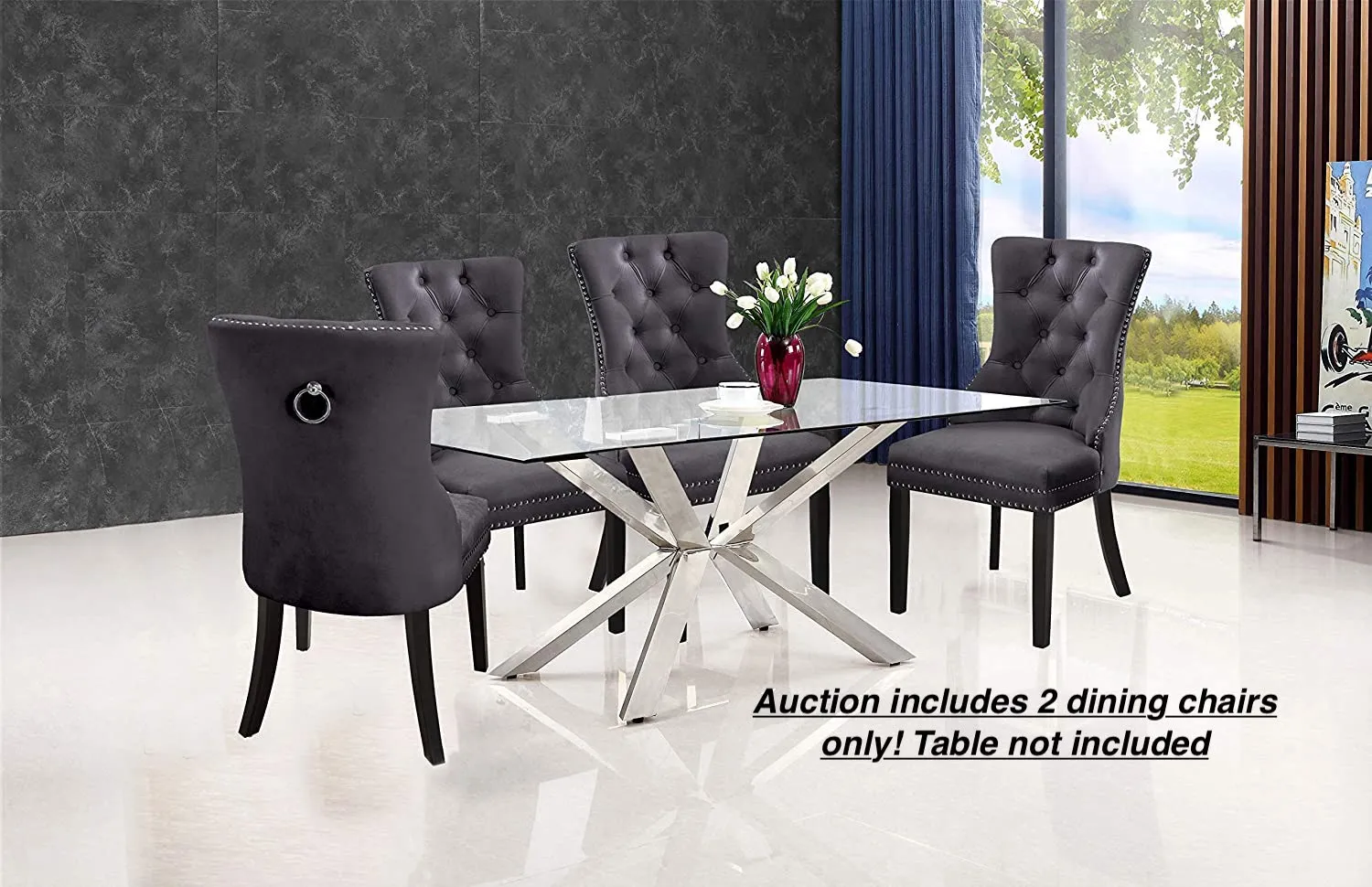 Set of 2 Luxurious Button tufted with Nailhead trim dark grey Dining chairs, Set of 2! Retails $445 