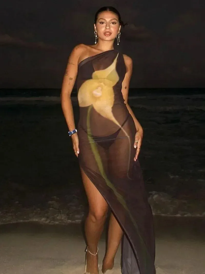 Sexy One-Shoulder Mesh Dress with High Slit