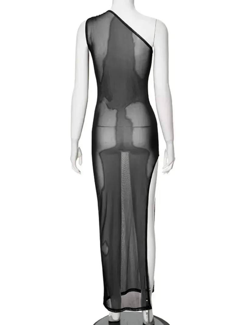 Sexy One-Shoulder Mesh Dress with High Slit