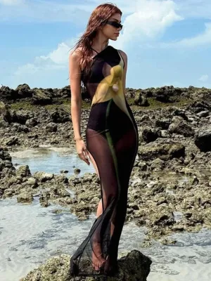 Sexy One-Shoulder Mesh Dress with High Slit