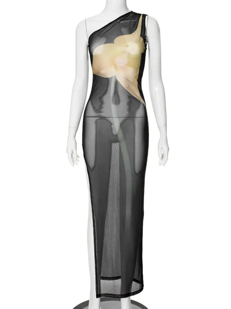 Sexy One-Shoulder Mesh Dress with High Slit