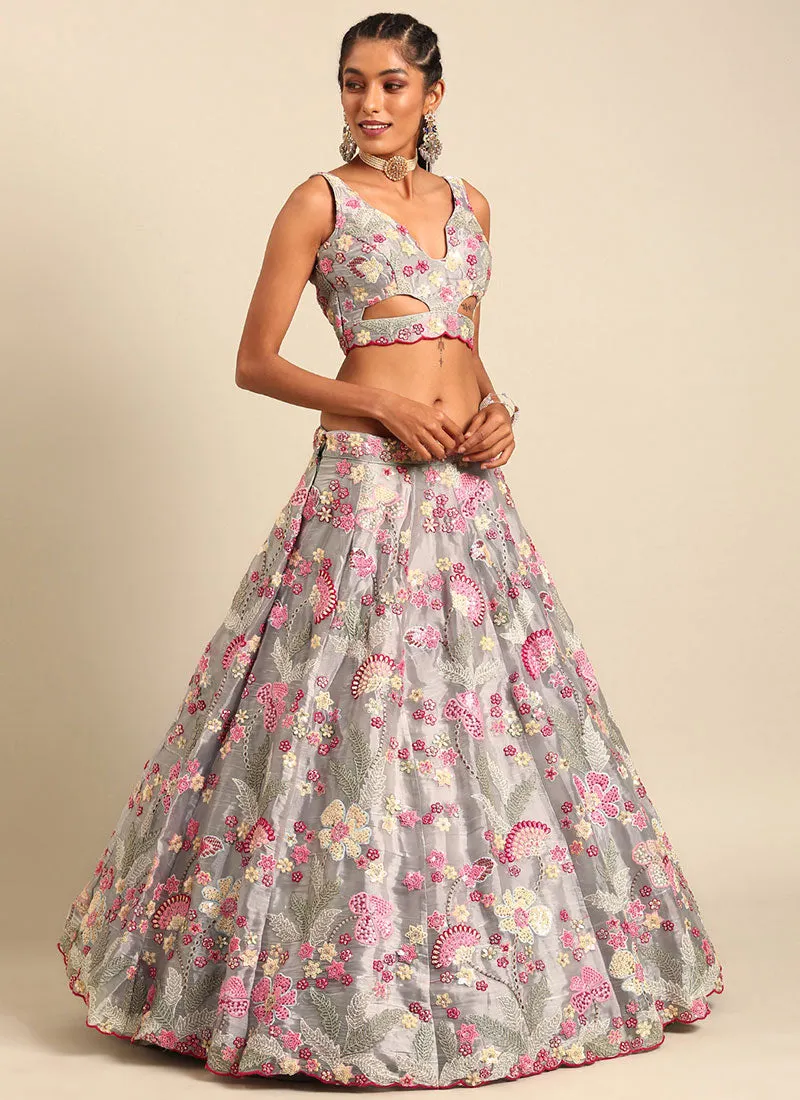 Silver Grey Multi Embroidery Lehenga Choli And Dupatta