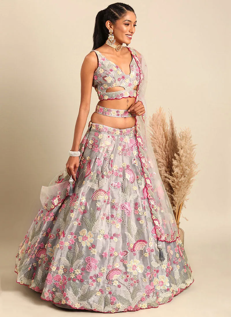 Silver Grey Multi Embroidery Lehenga Choli And Dupatta