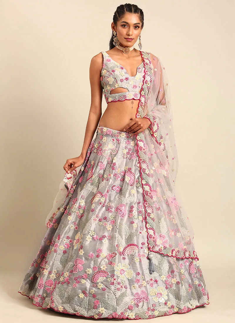 Silver Grey Multi Embroidery Lehenga Choli And Dupatta