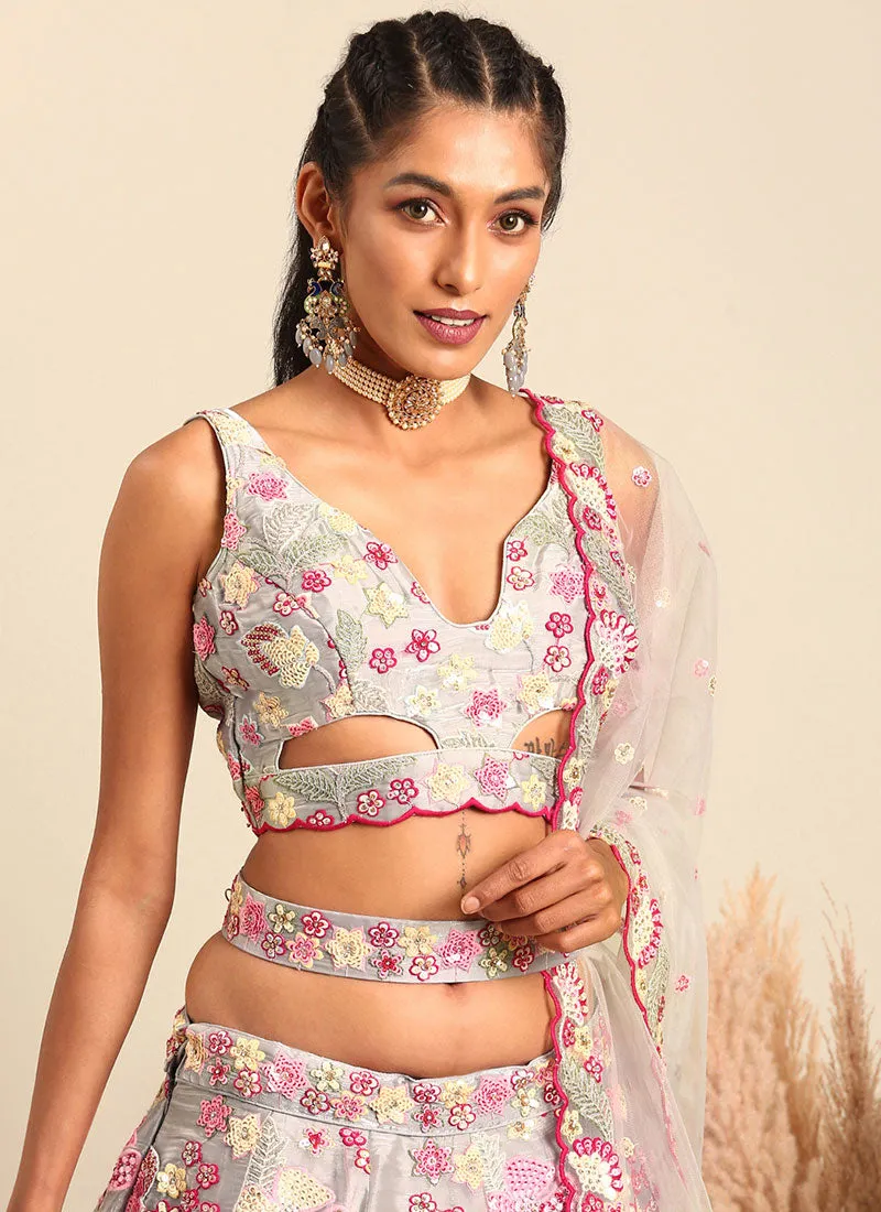 Silver Grey Multi Embroidery Lehenga Choli And Dupatta