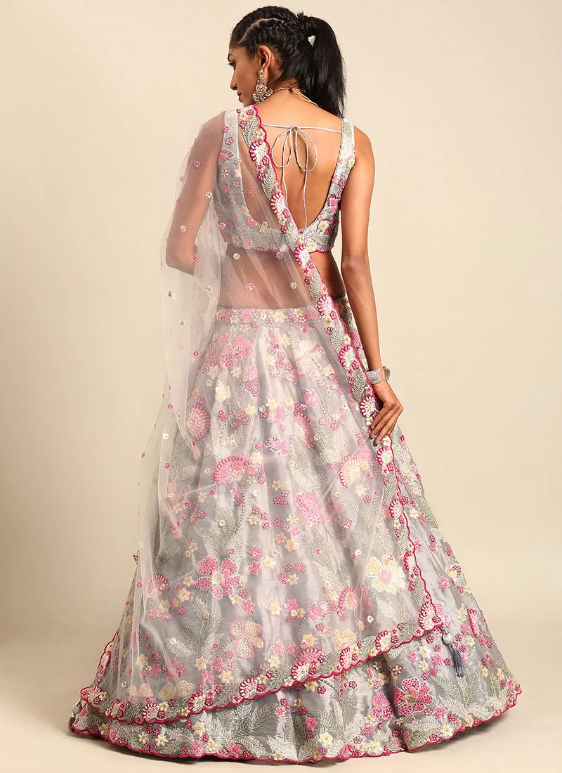 Silver Grey Multi Embroidery Lehenga Choli And Dupatta