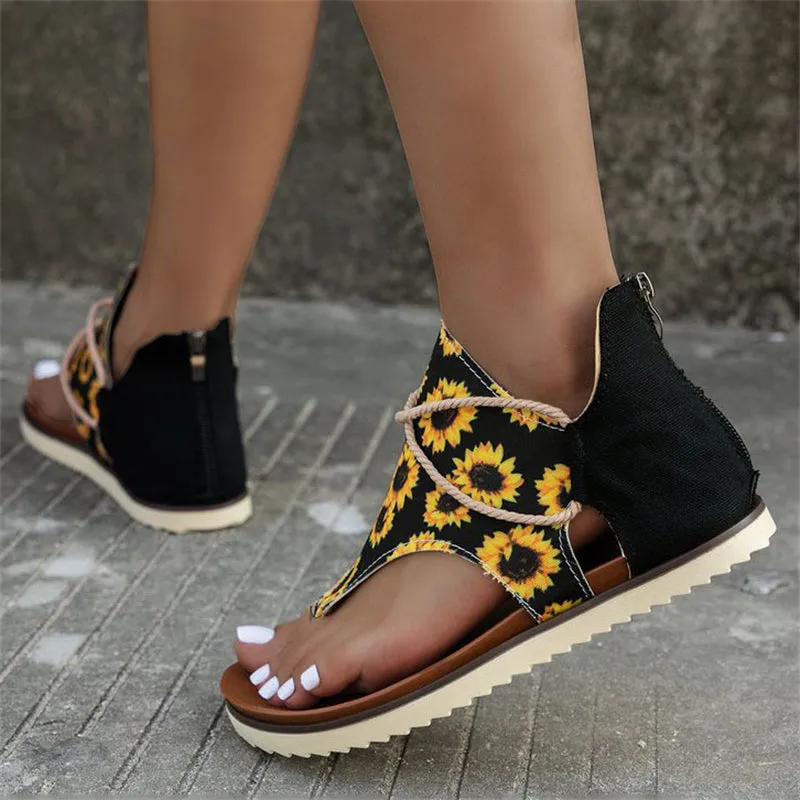 Skull & Flower & Leopard Print Back Zipper Beach Sandals for Women