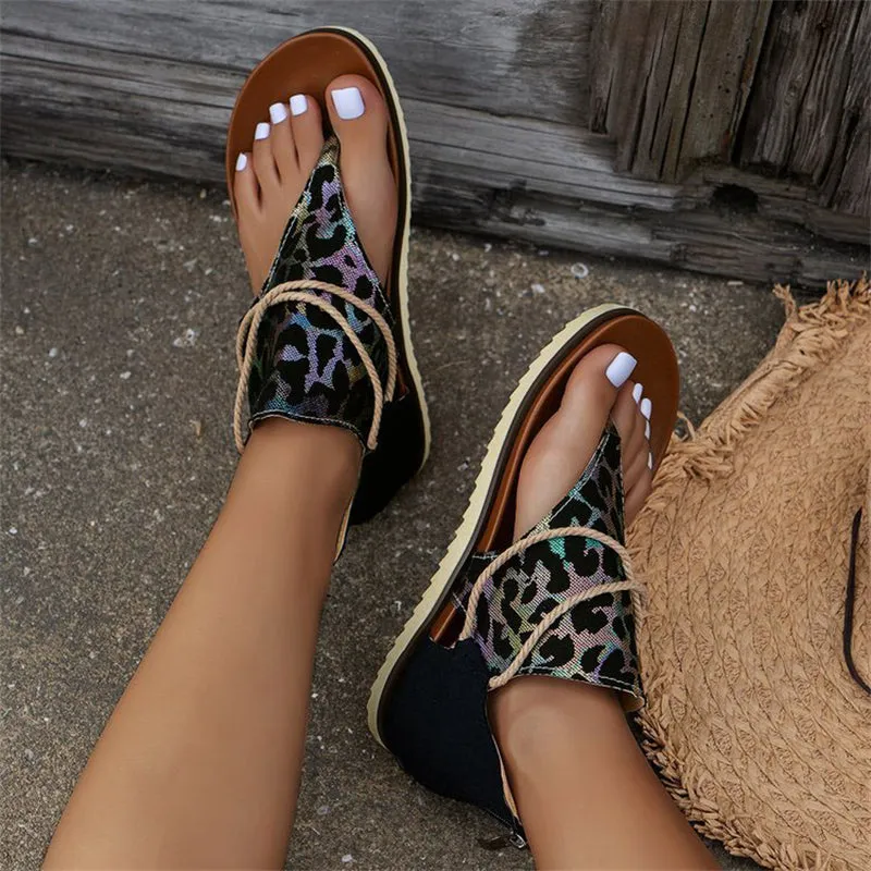 Skull & Flower & Leopard Print Back Zipper Beach Sandals for Women