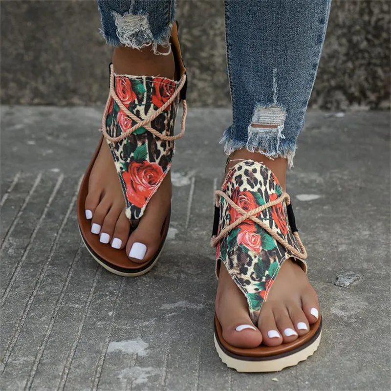 Skull & Flower & Leopard Print Back Zipper Beach Sandals for Women