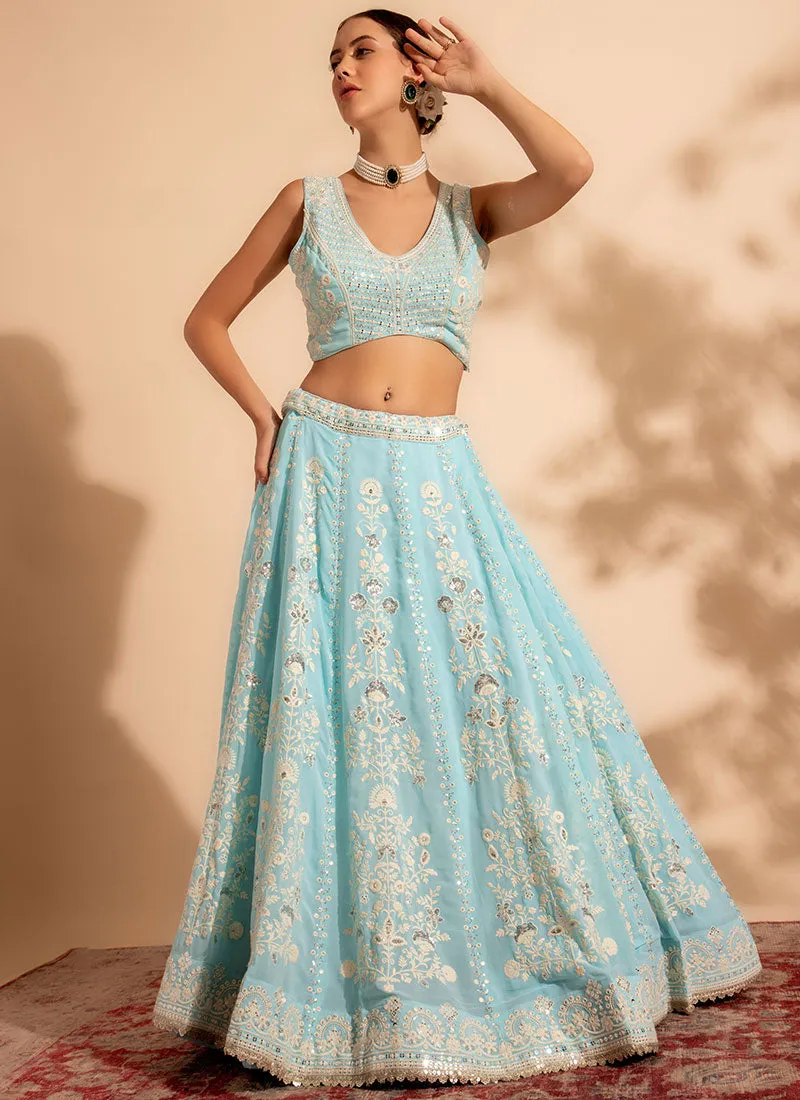 Sky Blue Embroidery Lehenga Choli For Wedding