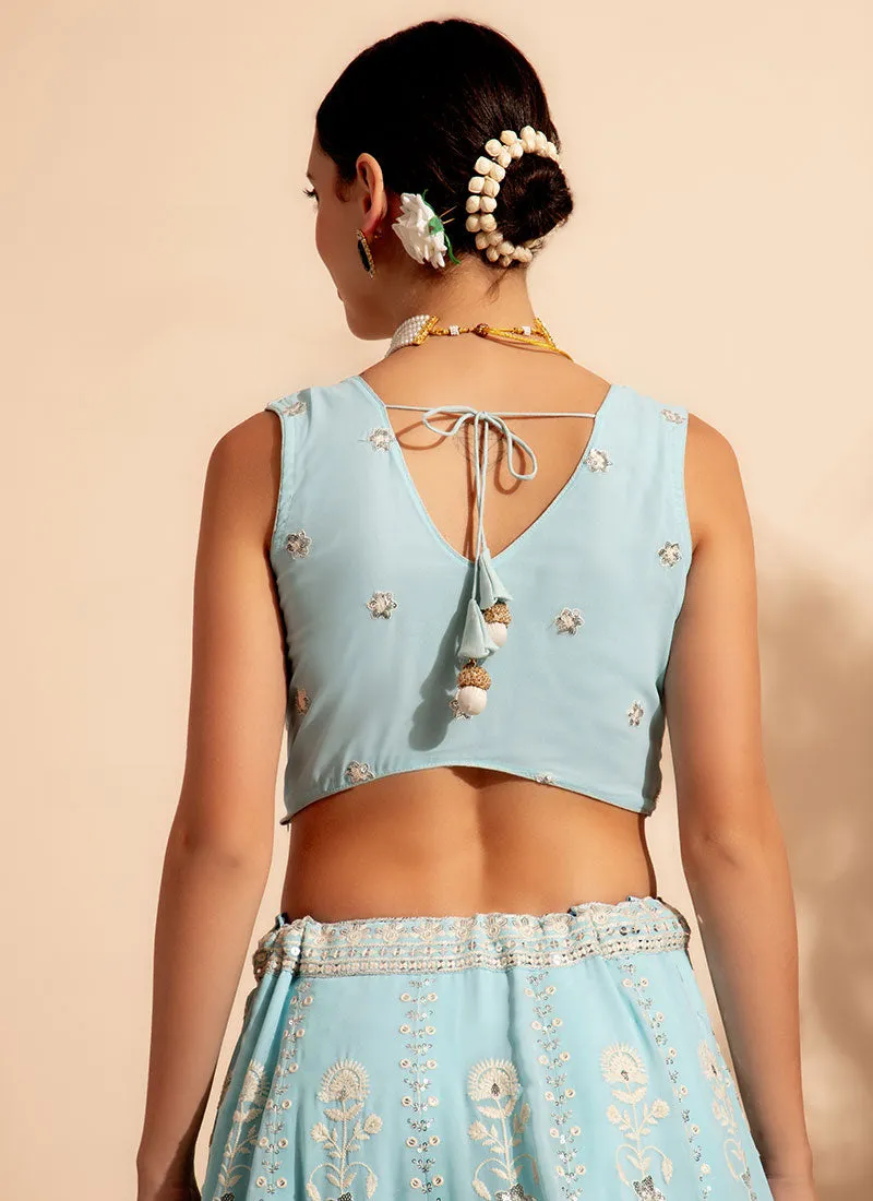 Sky Blue Embroidery Lehenga Choli For Wedding