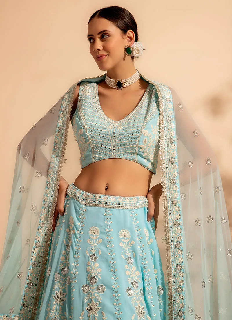 Sky Blue Embroidery Lehenga Choli For Wedding