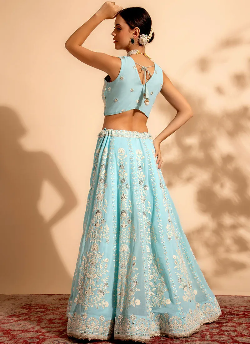 Sky Blue Embroidery Lehenga Choli For Wedding
