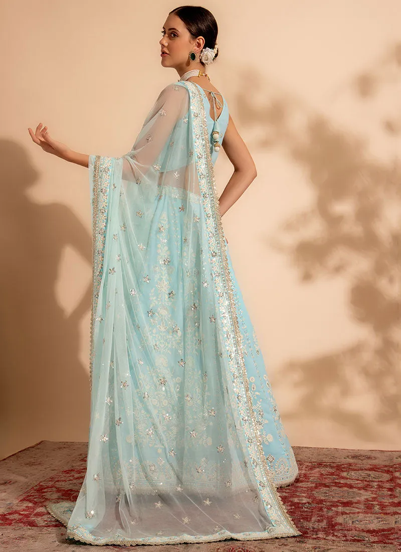 Sky Blue Embroidery Lehenga Choli For Wedding