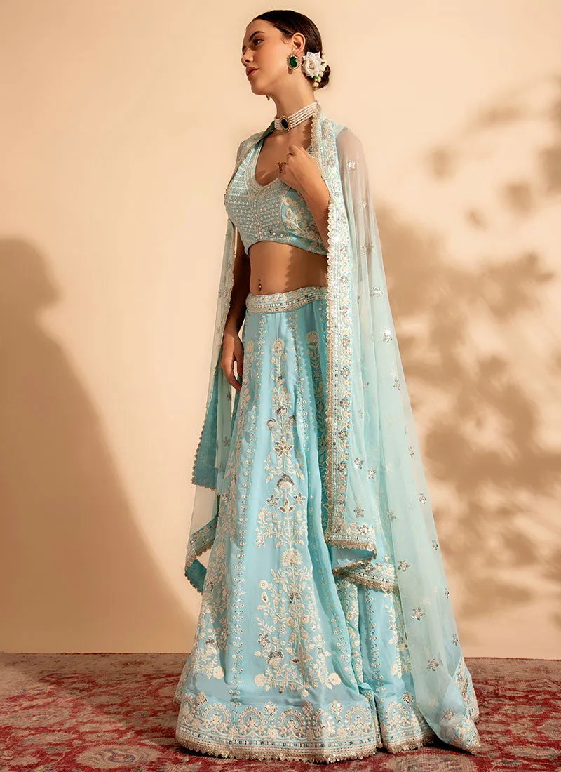 Sky Blue Embroidery Lehenga Choli For Wedding