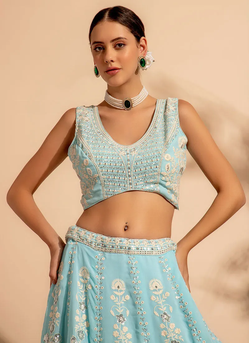 Sky Blue Embroidery Lehenga Choli For Wedding