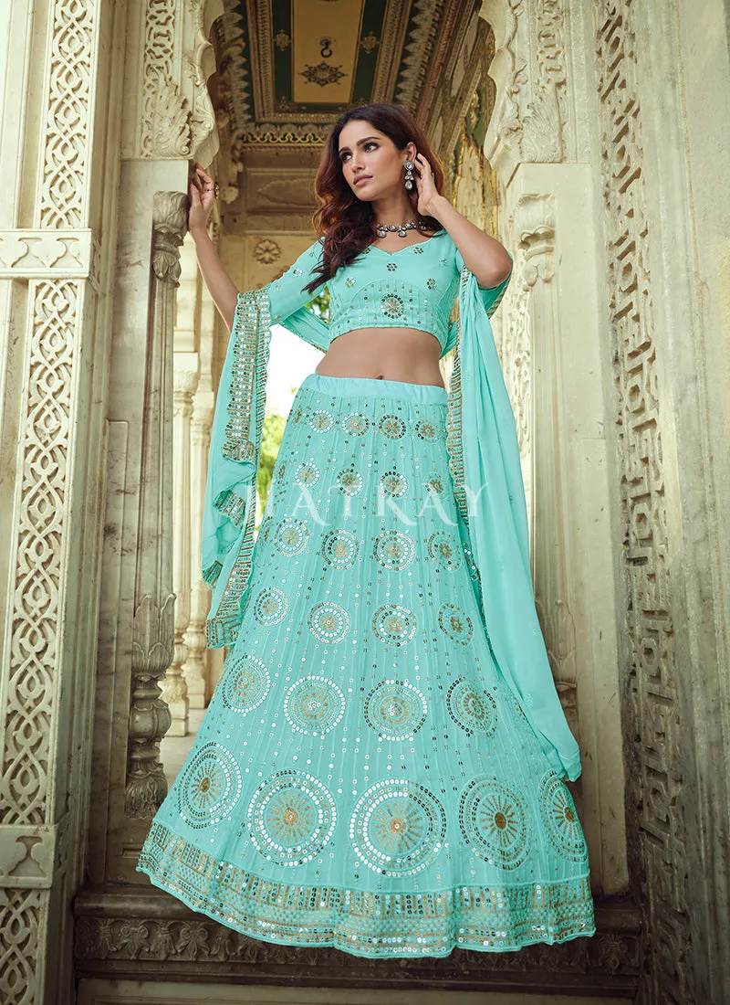 Sky Blue Sequence Embroidered Wedding Lehenga Choli