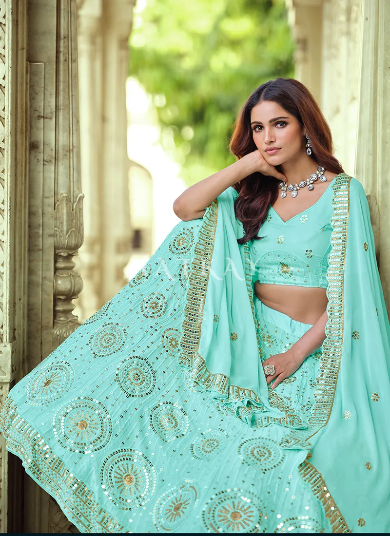 Sky Blue Sequence Embroidered Wedding Lehenga Choli