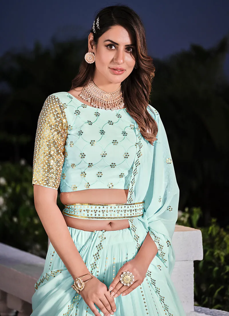 Sky Blue Sequence Embroidery Georgette Lehenga Choli